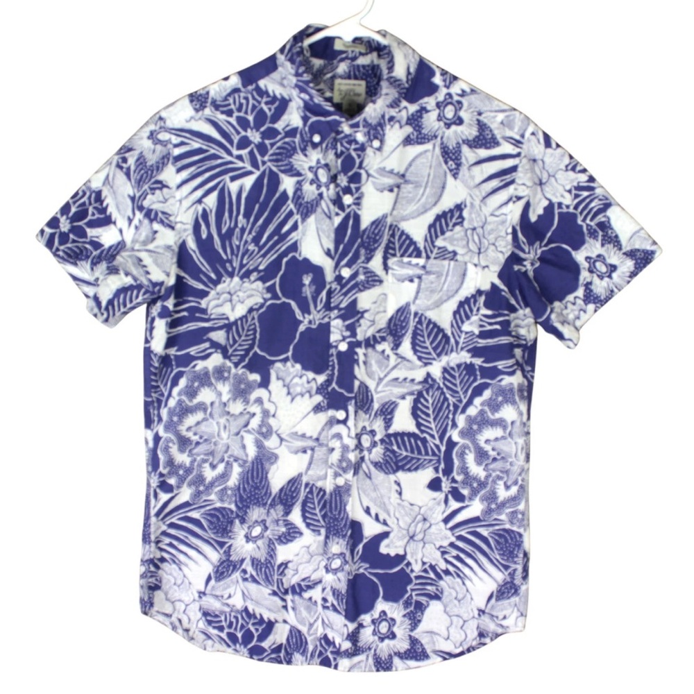 J Crew Classic Short Sleeve Button Up Shirt Mens Small Blue Floral AOP Shirt EUC